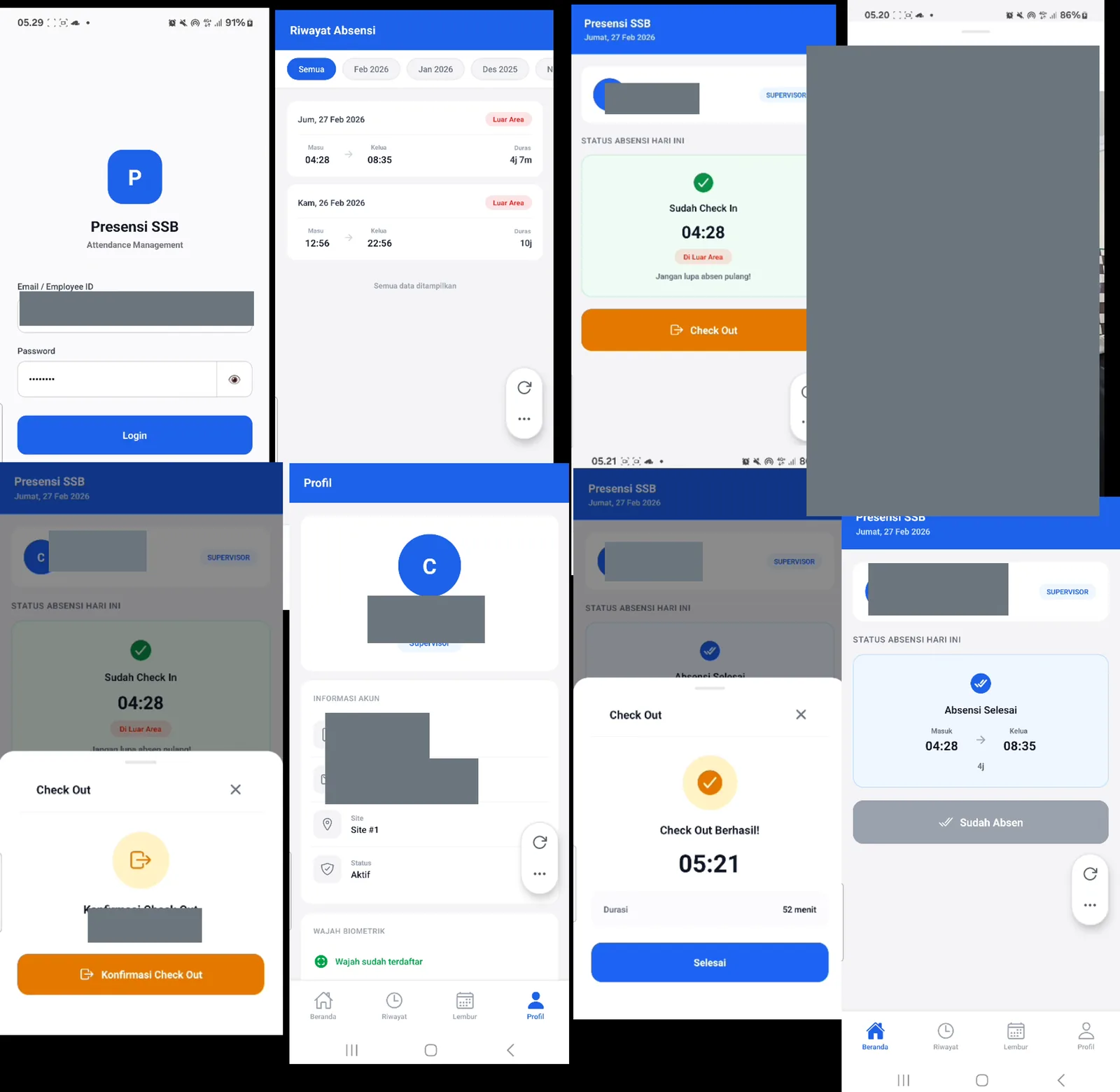 Attendance mobile app screens: login, attendance history, check-in status, check-out confirmation, profile and face-biometric enrolment. Employee names, IDs, email addresses, coordinates and the enrolled face photo are redacted.
