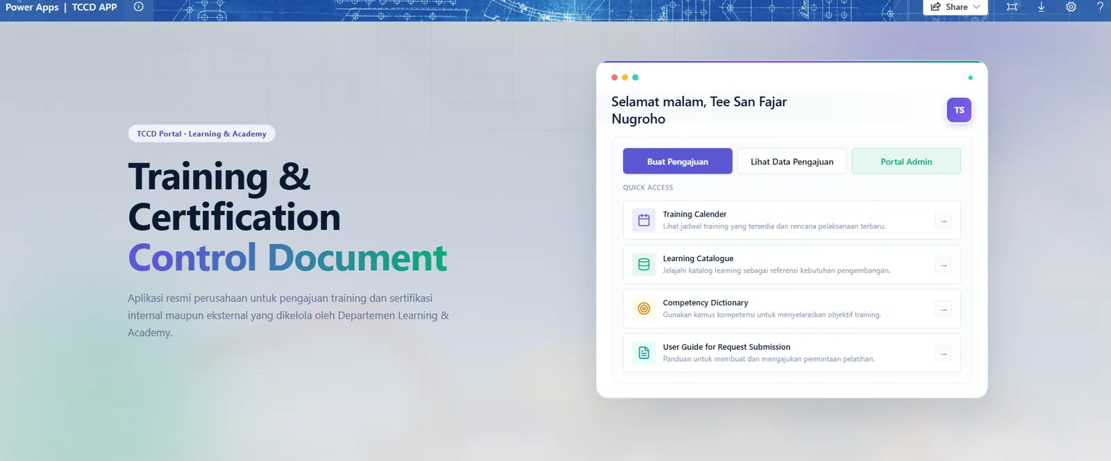 TCCD training and certification portal built as a Power Apps code app, showing the landing screen with request submission, admin portal, training calendar, learning catalogue and competency dictionary.